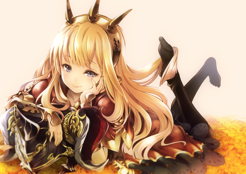 10s 1girl armor beige_background black_thighhighs blonde_hair cagliostro_(granblue_fantasy) crown feet female_focus full_body granblue_fantasy hairband helmet highres kawakami_shuuichi leaf long_hair lying no_shoes on_stomach purple_eyes smile solo thighhighs tiara unworn_headwear unworn_helmet wristband