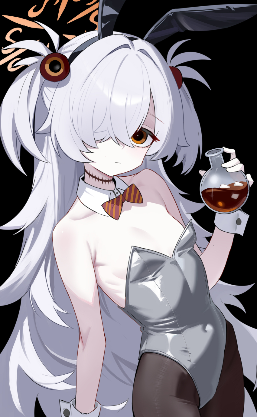 1girl absurdres animal_ear_hairband animal_ears bare_shoulders black_background black_hairband black_pantyhose blue_archive bow bowtie breasts brown_pantyhose closed_mouth covered_navel cowboy_shot detached_collar diagonal-striped_bow diagonal-striped_bowtie diagonal-striped_clothes fake_animal_ears flask grey_hair grey_leotard hair_between_eyes hair_over_one_eye hairband halo hand_up highres holding holding_flask kanoe_(blue_archive) leotard loli long_hair looking_at_viewer mole mole_on_arm one_eye_covered orange_eyes orange_halo oversized_breast_cup pantyhose playboy_bunny rabbit_ears round-bottom_flask scar scar_on_neck shenqi_xiaohuang simple_background small_breasts solo standing strapless strapless_leotard striped_bow striped_bowtie striped_clothes tilted_head two_side_up very_long_hair white_wrist_cuffs wrist_cuffs