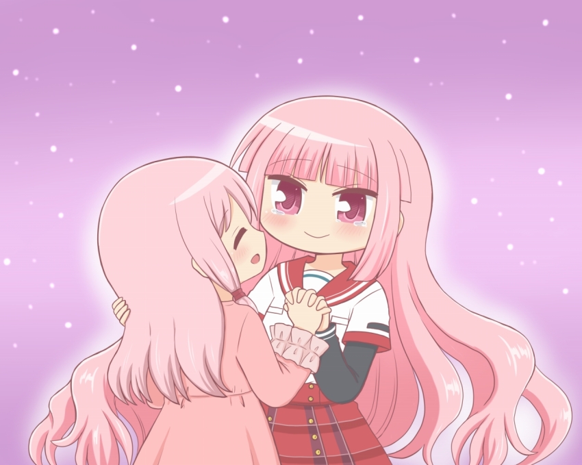 2girls bad_id bad_twitter_id blunt_bangs blush closed_eyes dress holding_hands interlocked_fingers kamihama_university_affiliated_school_uniform layered_sleeves long_hair long_sleeves looking_at_another magia_record:_mahou_shoujo_madoka_magica_gaiden mahou_shoujo_madoka_magica multiple_girls open_mouth pink_dress pink_eyes pink_hair plaid_clothes plaid_skirt purple_background reverse_(bluefencer) sailor_collar school_uniform serafuku shirt short_over_long_sleeves short_sleeves siblings sisters skirt smile tamaki_iroha tamaki_ui tamaki_ui_(hospital_costume) tears very_long_hair white_shirt