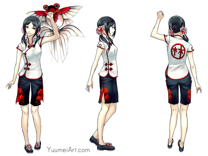 1girl black_eyes black_hair china_dress chinese_clothes dress female_focus kite long_hair original shorts solo watermark web_address yuumei