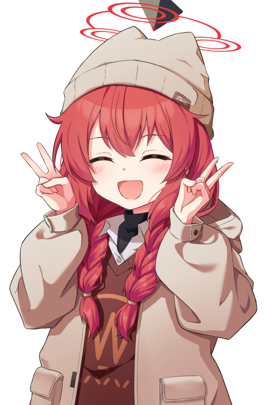 1girl blue_archive blush brown_hat brown_jacket brown_vest closed_eyes collared_shirt double_v halo hat highres jacket long_hair long_sleeves maki_(blue_archive) maki_(camp)_(blue_archive) nenosame official_alternate_costume open_clothes open_jacket open_mouth red_hair shirt simple_background smile solo upper_body v vest white_background white_shirt yellow_halo