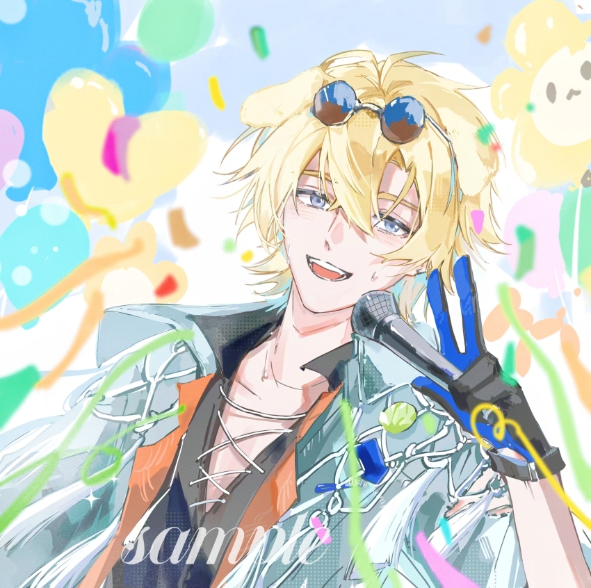 1boy ahoge animal_ears arknights balloon black_gloves black_shirt blonde_hair blue-tinted_eyewear blue_eyes blue_gloves blue_jacket blush chinese_commentary commentary_request confetti dog_boy dog_ears eyewear_on_head flower gloves hair_between_eyes hand_up heart highres holding holding_microphone jacket male_focus messy_hair microphone open_clothes open_jacket open_mouth open_shirt sample_watermark shirt single_glove solo sunglasses sweat sweatdrop teeth tequila_(arknights) tequila_(top_tier_live)_(arknights) thick_eyebrows tinted_eyewear tongue watermark white_string zanmeitaiyang888