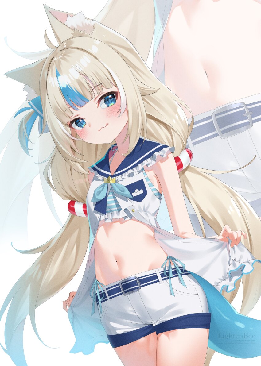 1girl :3 absurdres animal_ear_fluff animal_ears bikini bikini_under_clothes blonde_hair blue_bikini blue_eyes blue_hair blue_sailor_collar blush breasts cat_ears closed_mouth commentary dress english_commentary fins fish_girl fish_tail frilled_bikini frilled_dress frilled_sailor_collar frills halterneck highleg highleg_bikini highres indie_virtual_youtuber lifebuoy_hair_ornament lightenbee long_hair looking_at_viewer low_twintails multicolored_hair navel one_side_up open_clothes open_dress sailor_collar sailor_dress sameko_saba short_shorts shorts side-tie_bikini_bottom simple_background small_breasts streaked_hair striped_bikini striped_clothes swimsuit tail twintails very_long_hair virtual_youtuber white_background white_dress white_shorts zoom_layer