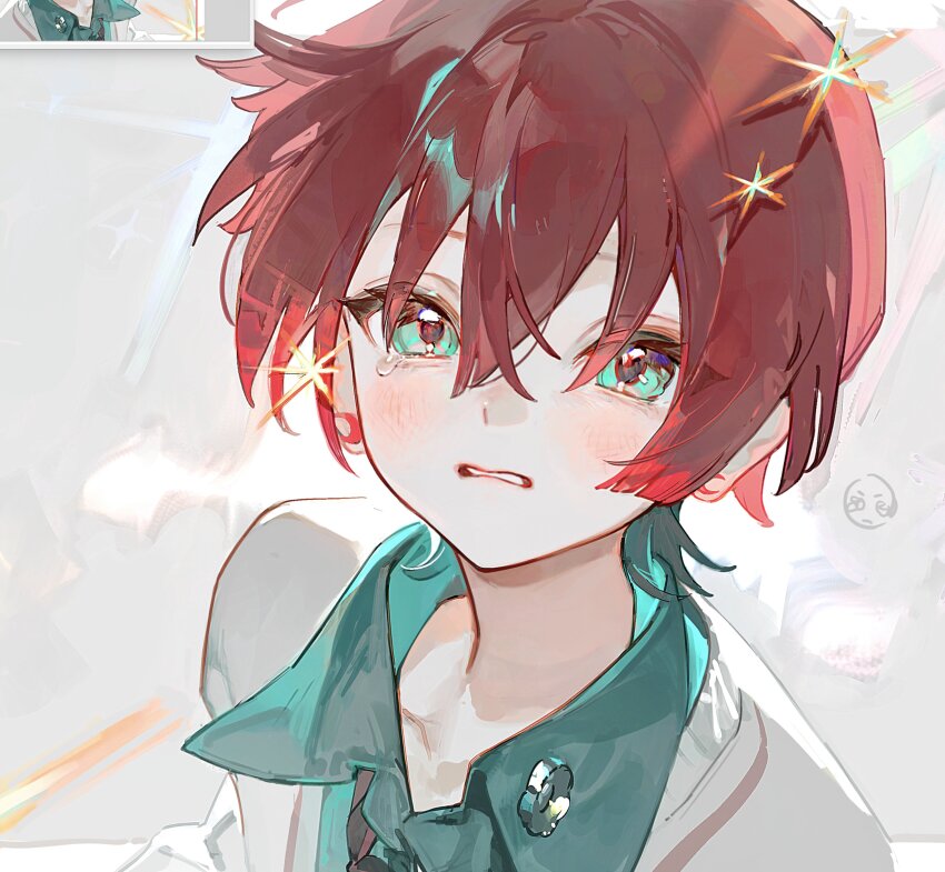 1girl absurdres amate_yuzuriha aqua_eyes blush collared_shirt gundam gundam_gquuuuuux highres looking_at_viewer open_mouth portrait red_hair school_uniform shirt short_hair solo sparkle suzumi_(ccroquette) sweater tearing_up