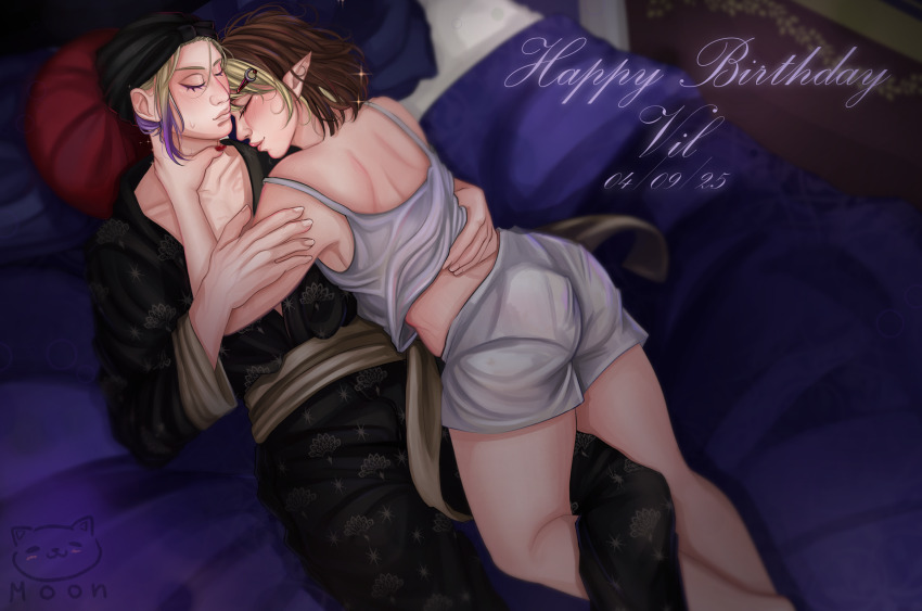 1boy 1girl couple highres male_focus non-web_source oc_x_canon ship sleeping twisted_wonderland vil_schoenheit watercraft yuu_(twisted_wonderland)