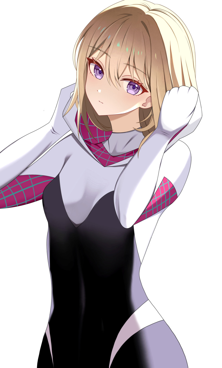 1girl absurdres bang_dream! bang_dream!_it&#039;s_mygo!!!!! blonde_hair bodysuit chinese_commentary closed_mouth commentary_request cosplay hair_between_eyes highres kenomotsu_yukuwa long_sleeves looking_at_viewer marvel medium_hair misumi_uika purple_eyes simple_background solo spider-gwen spider-gwen_(cosplay) spider-man_(series) spider-verse white_background