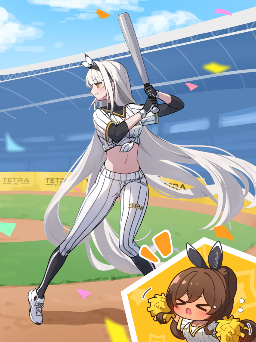 &gt;_&lt; 2girls 777_(nikke) :3 ^^^ absurdres animal_ears bandana baseball_bat baseball_stadium baseball_uniform batting_stance black_gloves black_undershirt blanc_(nikke) blanc_(no._77_batter)_(nikke) blunt_bangs blush bow brown_hair chibi chibi_inset cloud cloudy_sky confetti deformed flying_sweatdrops gloves goddess_of_victory:_nikke hair_between_eyes hair_bow hands_up highres kneehighs long_hair long_sleeves midriff multiple_girls navel noir_(baseball_cheerleader)_(nikke) noir_(nikke) open_mouth outdoors pants pom_pom_(cheerleading) rabbit_ears shirt shoes short_sleeves sky sneakers socks sportswear stadium tied_shirt turtleneck undershirt uz_(uzru0428) very_long_hair white_hair xo yellow_background yellow_eyes
