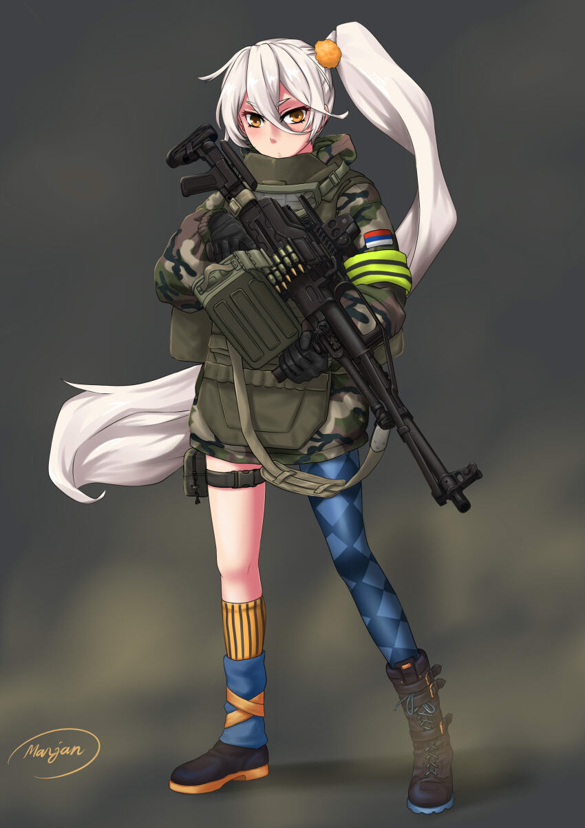 1girl absurdres ammunition ammunition_belt ammunition_box artist_name asymmetrical_legwear body_armor boots camouflage camouflage_jacket foregrip full_body girls&#039;_frontline gun highres jacket long_hair looking_at_viewer machine_gun mardjan pkp_(girls&#039;_frontline) pkp_pecheneg ponytail serbian_flag single_boot single_thighhigh solo standing thigh_strap thighhighs weapon white_hair yellow_eyes