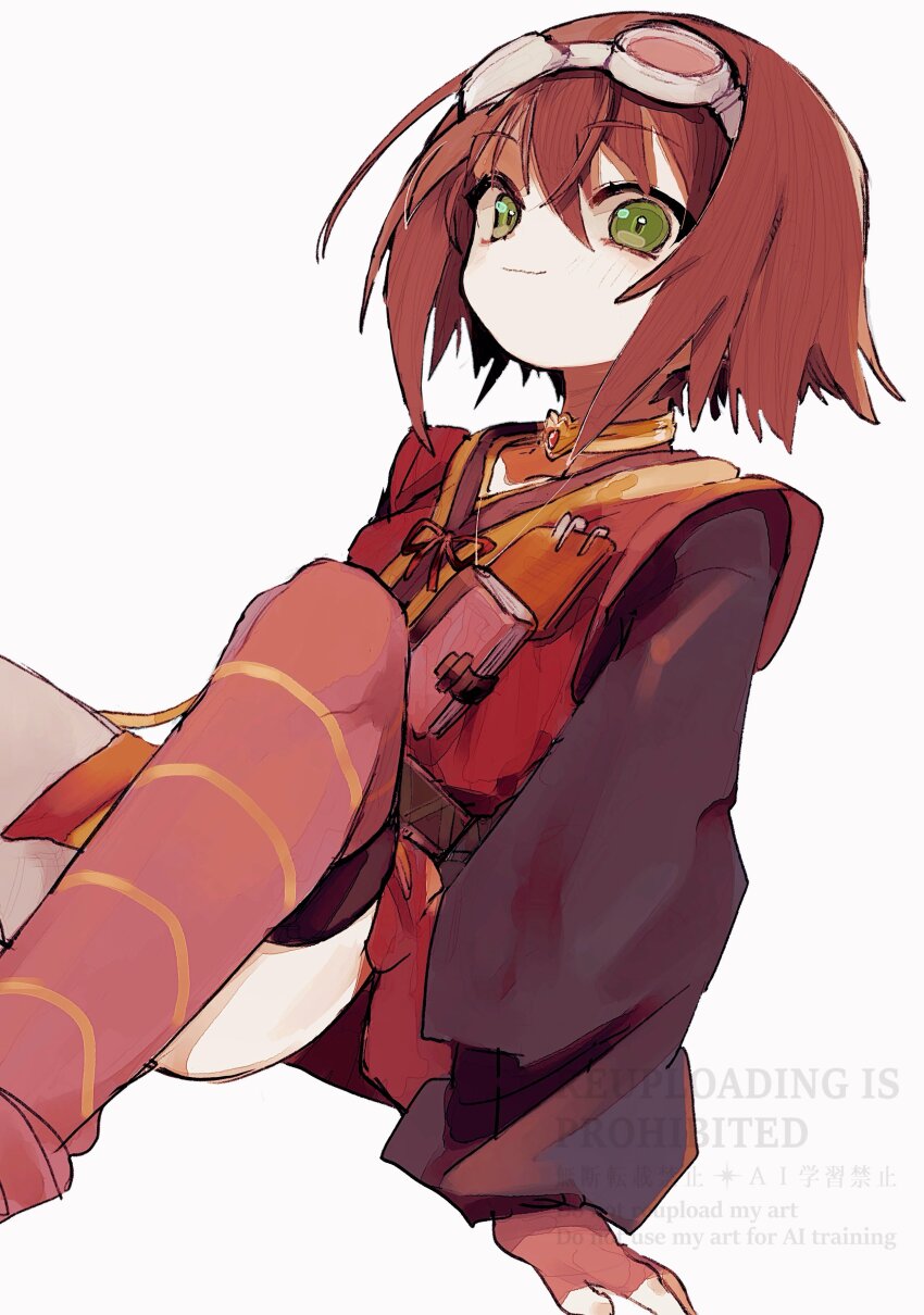 1girl absurdres black_sleeves brown_hair closed_mouth commentary_request eyewear_on_head gloves goggles goggles_on_head green_eyes highres looking_at_viewer nancykittyu pink-framed_eyewear red_gloves rita_mordio short_hair simple_background sitting smile solo tales_of_(series) tales_of_vesperia watermark white-framed_eyewear white_background