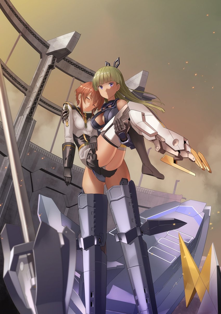 2girls alice_gear_aegis araime_yasuri black_skirt blonde_hair blunt_bangs brown_hair carrying cleavage_cutout clothing_cutout fainted fujimo_ruru hair_ribbon highres kanagata_sugumi leg_armor leotard mecha_musume multiple_girls panties polearm princess_carry purple_eyes ribbon skin_tight skirt spear underwear upskirt weapon white_panties