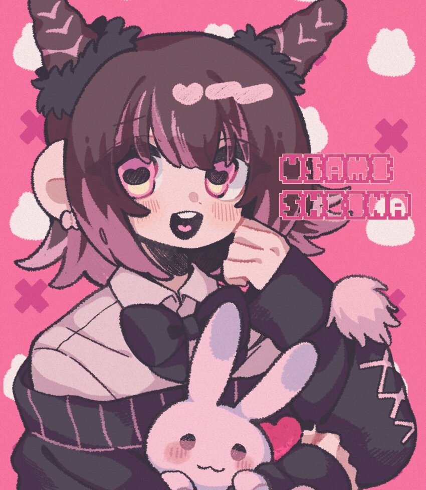 1girl :3 berryice_1515 black_bow black_bowtie black_nails black_sweater bow bowtie brown_hair character_name double_bun earrings film_grain hair_bun hair_ornament hair_scrunchie hand_on_own_cheek hand_on_own_face heart heart-shaped_pupils heart_in_mouth highres hugging_doll hugging_object jewelry kimi_no_koto_ga_dai_dai_dai_dai_daisuki_na_100-nin_no_kanojo light_blush long_sleeves medium_hair open_mouth pink_eyes rabbit_symbol scrunchie sleeves_past_wrists solo strapless stuffed_animal stuffed_rabbit stuffed_toy sweater symbol-shaped_pupils teeth upper_body upper_teeth_only usami_shiina x