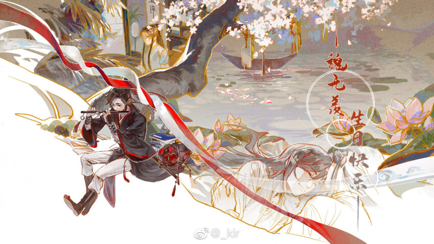2boys black_footwear black_hair black_hanfu black_rabbit_(animal) boat book book_stack boots chinese_clothes chinese_commentary closed_eyes copyright_name dizi flower flute full_body hair_down hair_ribbon hanfu headband high_ponytail highres hug instrument jug_(bottle) lan_wangji long_hair long_sleeves lotus lotus_pod modao_zushi moruki multiple_boys multiple_views music pants pink_flower playing_flute playing_instrument ponytail rabbit red_eyes red_ribbon ribbon scroll sitting tassel transverse_flute tree water watercraft watermark wei_wuxian weibo_watermark white_hanfu white_headband white_pants white_rabbit_(animal) wide_sleeves yaoi yellow_eyes