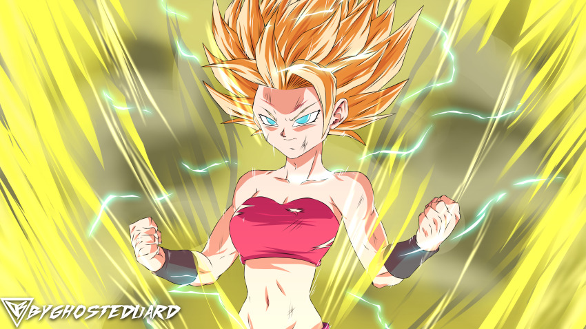 1girl absurdres artist_name asymmetrical_hair bare_shoulders blonde_hair blue_eyes breasts byghosteduard caulifla cleavage clenched_hands closed_mouth commentary concentrating crop_top dragon_ball dragon_ball_super electricity highres injury navel pink_shirt saiyan shirt sleeveless sleeveless_shirt solo spanish_commentary stomach super_saiyan super_saiyan_2 torn_clothes torn_shirt