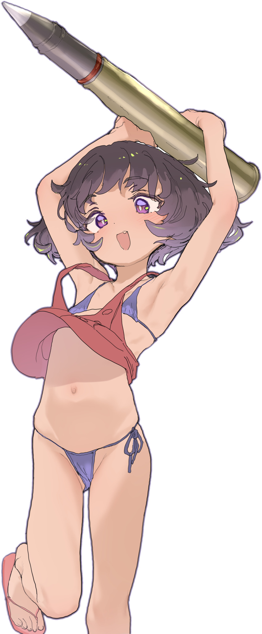 1girl absurdres akiyama_yukari arms_up bad_link bikini blush flat_chest girls_und_panzer grey_hair highres looking_at_viewer mochi_(circle_rin) navel open_mouth purple_eyes sandals short_hair side-tie_bikini_bottom simple_background smile solo swimsuit tank_shell tank_top white_background