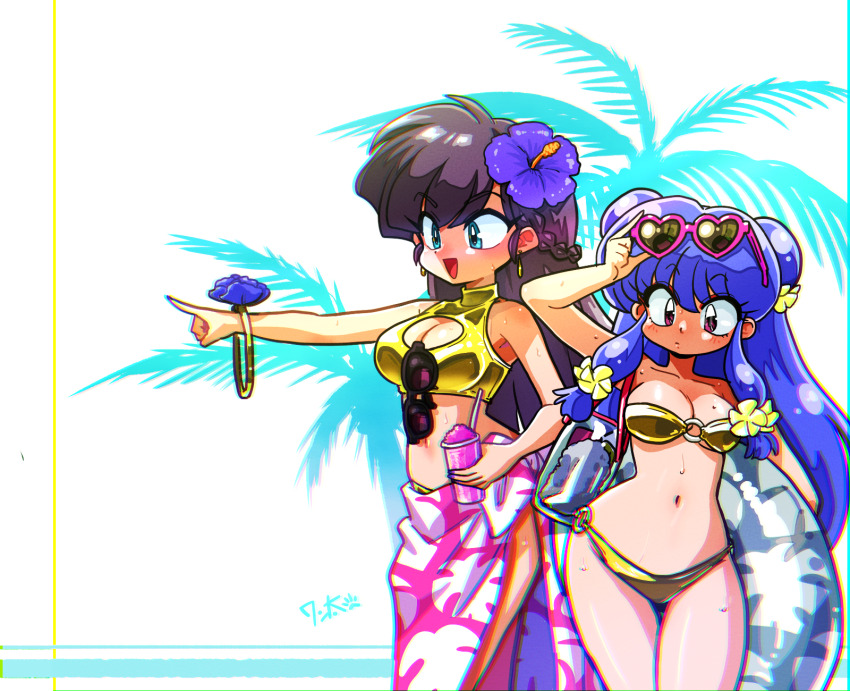 2girls :d bikini blue_eyes bracelet braid breasts brown_hair cleavage_cutout clothing_cutout double_bun drink earrings eyewear_hang eyewear_on_head floating_earrings floral_print flower flower_bracelet gold_bikini gold_bracelet gold_earrings hair_bun hair_flower hair_ornament heart heart-shaped_eyewear highres holding holding_drink holding_swim_ring innertube jewelry kuonji_ukyou long_hair looking_to_the_side medium_breasts multiple_girls narrow_waist navel o-ring o-ring_bikini open_mouth palm_tree_print pink-framed_eyewear pink_eyes pink_liquid pink_skirt pointing pointing_to_the_side purple_flower purple_hair raised_eyebrows ranma_1/2 removing_eyewear sarong shampoo_(ranma_1/2) sidelocks signature skirt slushie smile sunglasses sweat sweatdrop swim_ring swimsuit unworn_eyewear wanta_(futoshi) wide_hips yellow_flower