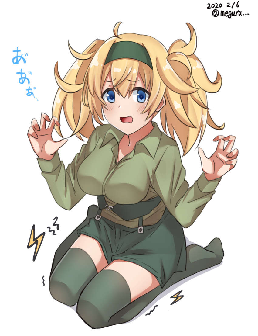 1girl blonde_hair blue_eyes breasts commentary_request dated female_focus full_body gambier_bay_(kancolle) green_hairband green_shirt green_shorts green_thighhighs hairband highres kantai_collection large_breasts long_hair long_sleeves looking_at_viewer meguru_(megurunn) one-hour_drawing_challenge shirt shorts simple_background sitting solo thighhighs trembling twintails twitter_username wariza white_background