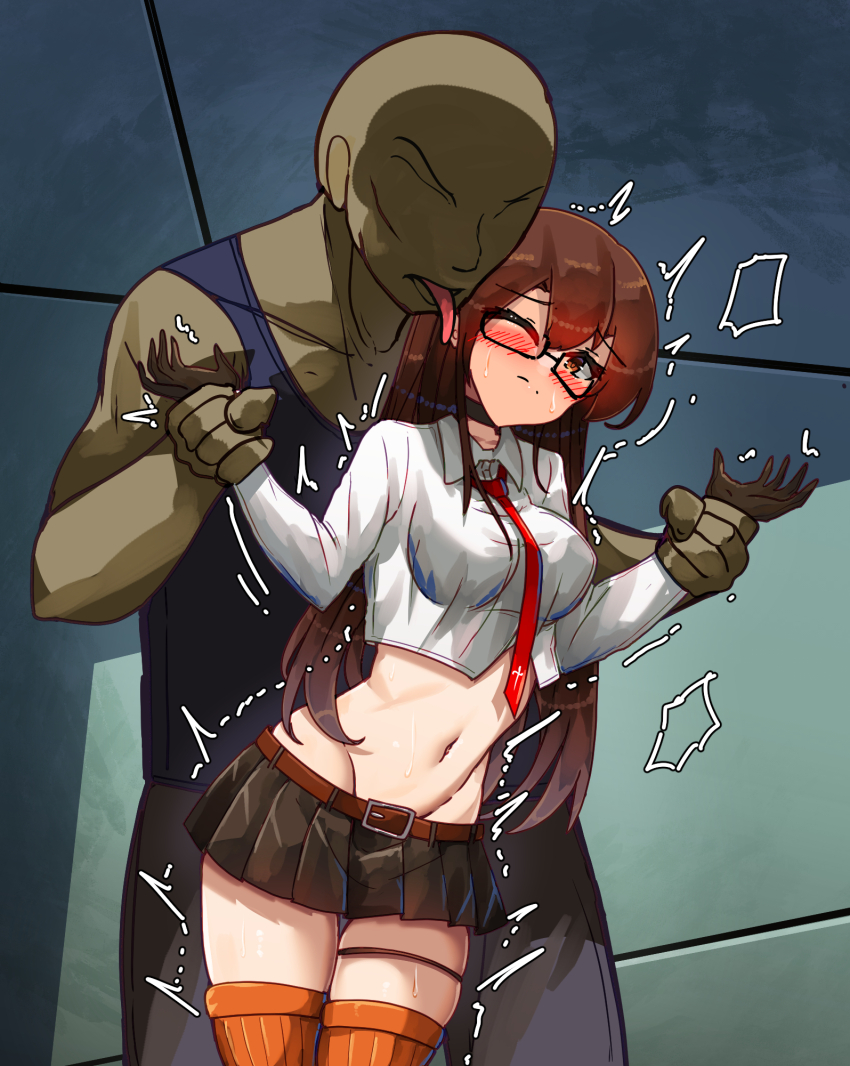 1boy 1girl bakasp-lilzy belt belt_buckle black_choker black_gloves black_skirt blue_tank_top blush breasts brown_hair buckle choker closed_mouth collarbone commentary cowboy_shot crop_top cropped_shirt cross cross_print dark-skinned_male dark_skin double-parted_bangs ear_licking english_commentary faceless faceless_male glasses gloves groin highres holding_another&#039;s_wrist licking long_hair long_sleeves medium_breasts microskirt motion_lines navel necktie one_eye_closed orange_thighhighs original pleated_skirt print_necktie red_belt red_necktie restrained ribbed_thighhighs school_uniform shirt skirt split_mouth standing stomach sweat tank_top thigh_strap thighhighs tongue tongue_out trembling white_shirt