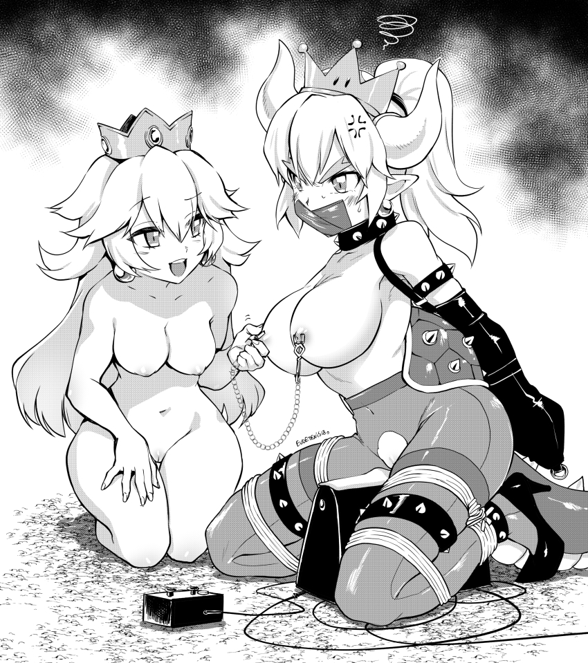 2girls absurdres anger_vein angry armbinder armlet bad_id bad_pixiv_id bdsm blush bondage bound bowsette breasts clothed_female_nude_female collar crown earrings eudetenis female_focus femdom frogtie gag genderswap genderswap_(mtf) greyscale high_heels highres horns improvised_gag jewelry large_breasts linked_piercing mario_(series) medium_breasts monochrome multiple_girls new_super_mario_bros._u_deluxe nintendo nipple_piercing nipple_rings nipple_stimulation nipple_tweak nipples nude pantyhose piercing pointy_ears princess_peach pussy restrained riding_machine role_reversal rope slave smile spiked_armlet super_crown sybian tagme tape tape_gag thigh_strap topless_female torn_clothes torn_pantyhose uncensored yuri
