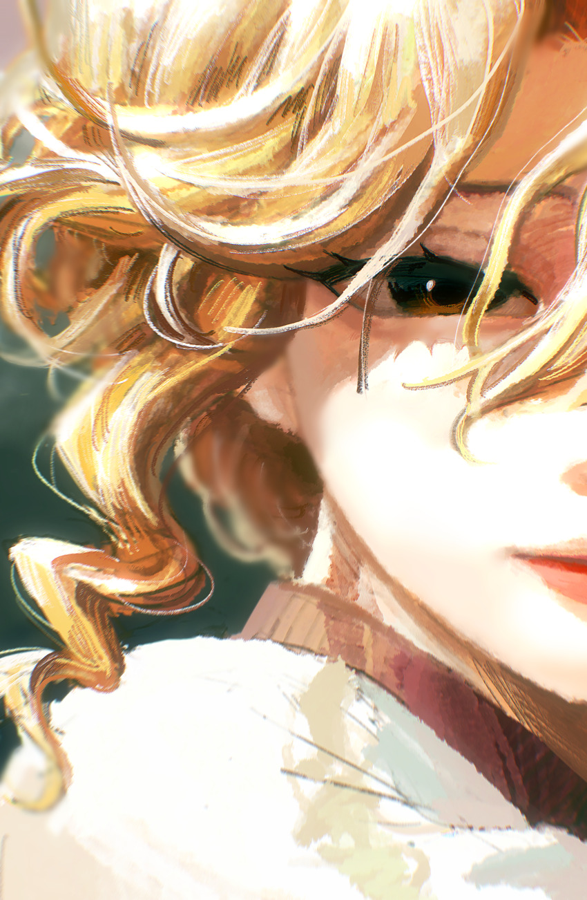 1girl absurdres alice_deross beijingban18388 blonde_hair blurry brown_hair brown_shirt chinese_commentary close-up commentary_request eyelashes green_background highres identity_v jacket lips looking_at_viewer portrait shirt simple_background solo wavy_hair white_jacket