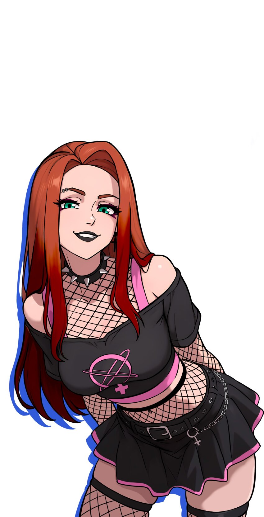 1girl absurdres atom_eve bare_shoulders black_choker casual choker commentary cowboy_shot detached_sleeves fishnet_sleeves fishnet_thighhighs fishnet_top fishnets goth_fashion green_eyes grin highres invincible_(series) looking_at_viewer midriff miniskirt navel pleated_skirt red_hair redpostit simple_background skirt smile solo spiked_choker spikes symbol-only_commentary thighhighs thighs upper_body white_background zettai_ryouiki