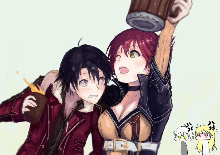 1boy 3girls absurdres alisa_reinford belt black_hair blonde_hair blue_jacket breasts dress eiyuu_densetsu falcom fie_claussell glass green_eyes happy highres jacket jar jealous long_hair multiple_girls ponytail purple_eyes purple_hair rean_schwarzer red_jacket sara_valestein sen_no_kiseki_(series) short_hair smile white_belt white_hair yellow_dress yellow_eyes