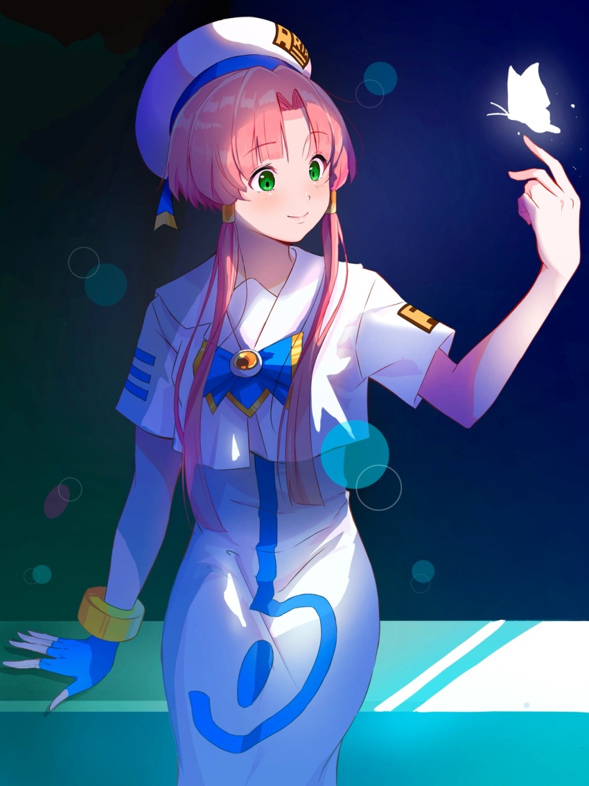 1girl andanden aria_(manga) aria_company_uniform beret blue_bow blue_bowtie blue_gloves blue_ribbon blush bow bowtie bug butterfly closed_mouth dress eyelashes feet_out_of_frame fingerless_gloves gloves gold_trim green_eyes hair_ornament hair_tubes hand_up hat hat_ribbon highres impossible_clothes impossible_dress insect looking_at_viewer mizunashi_akari night outdoors pink_hair ribbon sailor_collar short_hair_with_long_locks short_sleeves sitting smile solo white_dress white_hat