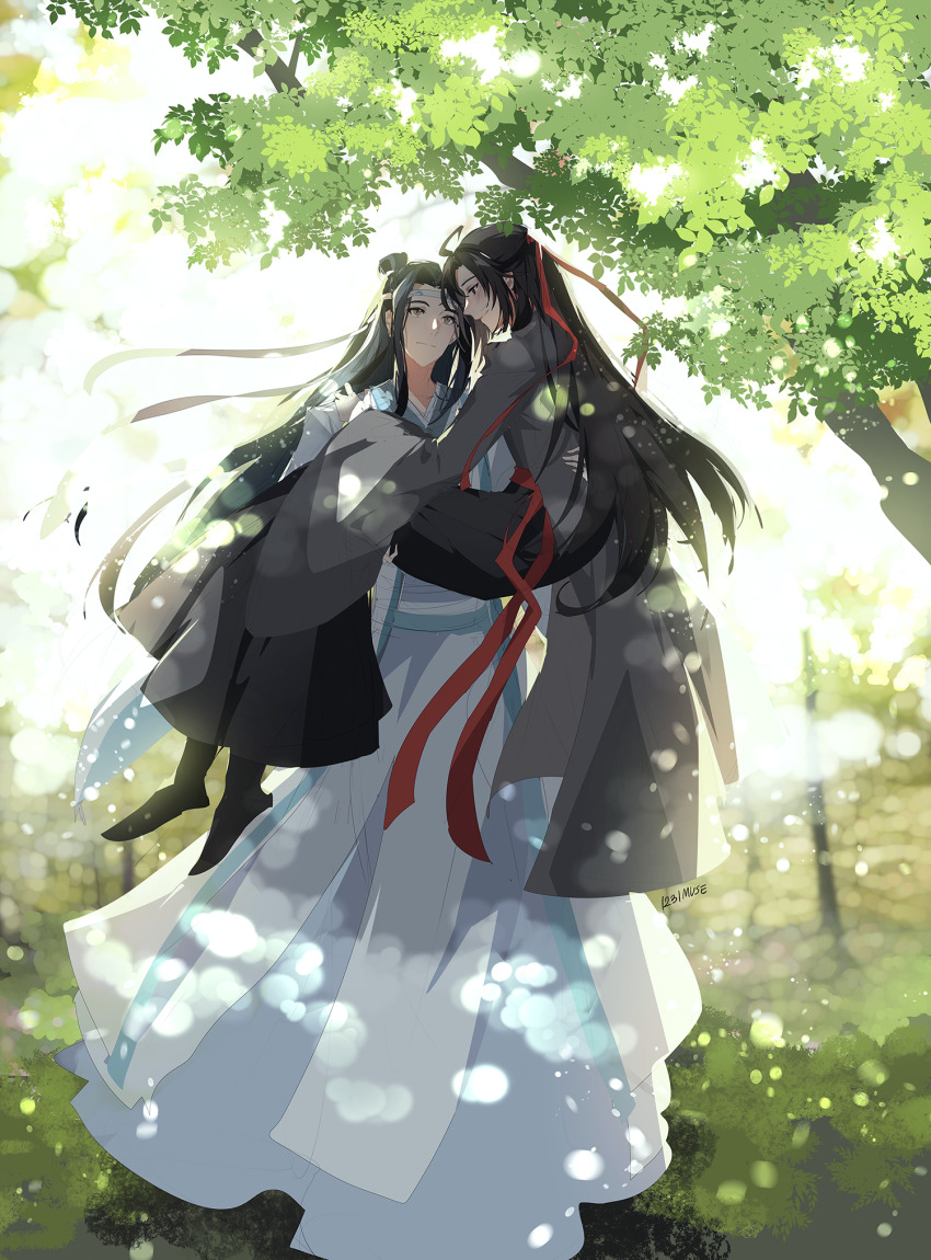 2boys artist_name black_footwear black_hair brown_eyes carrying chinese_clothes day eye_contact hair_ribbon headband highres lan_wangji long_hair looking_at_another male_focus modao_zushi multiple_boys muse_(rainforest) outdoors red_ribbon ribbon standing tree very_long_hair wei_wuxian wei_wuxian_(yiling_laozu) white_headband wide_sleeves yaoi