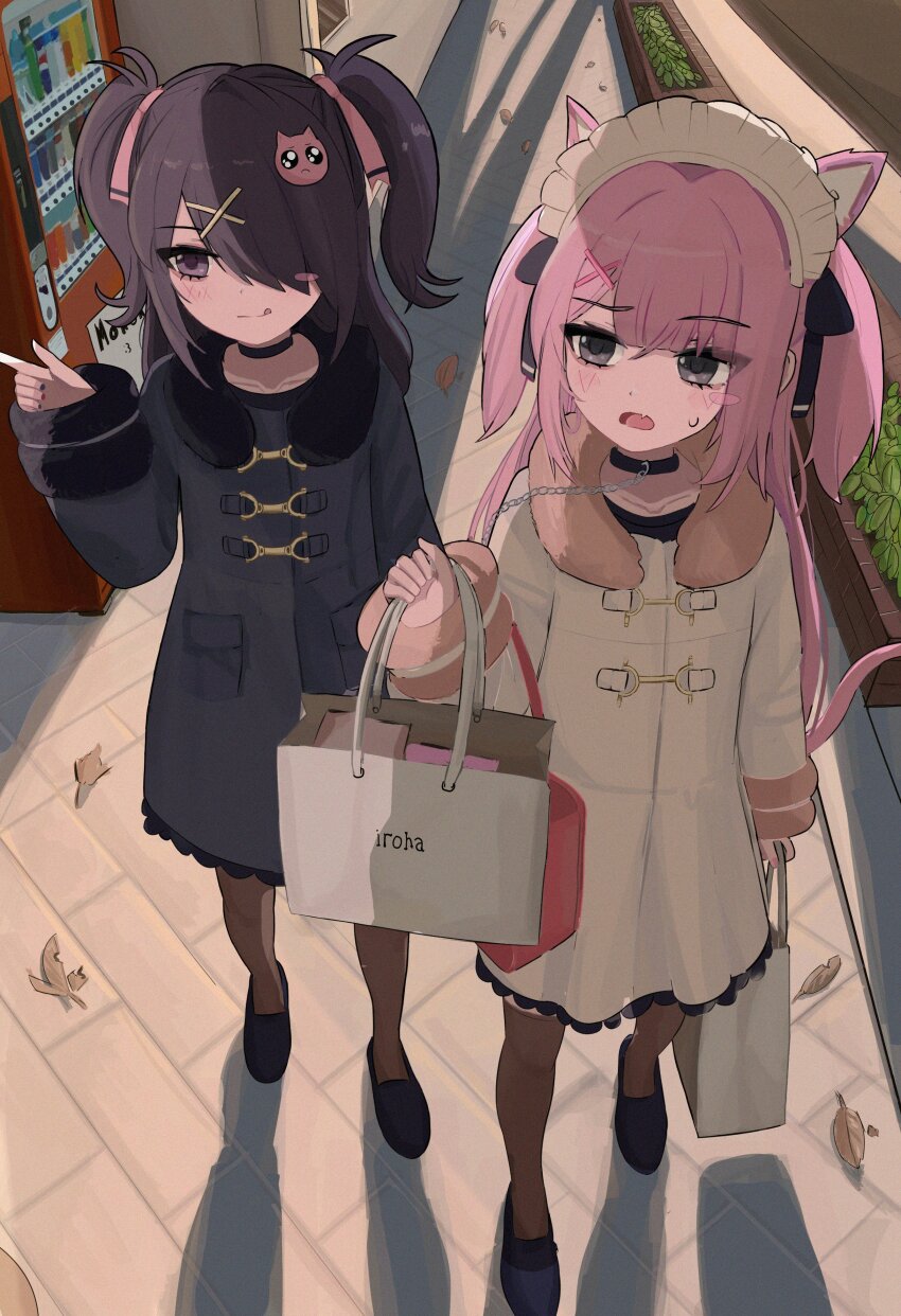 2girls absurdres alternate_costume ame-chan_(needy_girl_overdose) animal_ears bag black_dress black_eyes black_hair black_leggings black_shoes blunt_bangs bush cat_ears cat_hair_ornament cat_tail dress falling_leaves from_above hair_ornament hair_over_one_eye highres holding holding_bag kemonomimi_mode leaf leggings maid_headdress multiple_girls needy_girl_overdose p-chan_(needy_girl_overdose) pien_cat_(needy_girl_overdose) pink_hair pointing shadow shoes shopping_bag short_twintails tail tile_floor tiles twintails vending_machine walking white_dress x_hair_ornament yuriyalloween