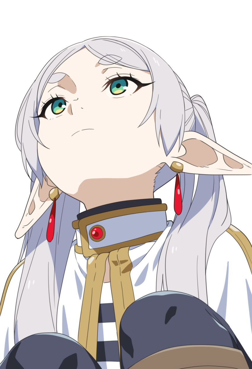 anime_coloring capelet earrings elf floating_earrings frieren green_eyes highres jewelry looking_up meme nekoromancer pointy_ears self-upload simple_background sousou_no_frieren squatting teardrop_earrings twintails upward_angle_frieren_drawing_(meme) white_capelet