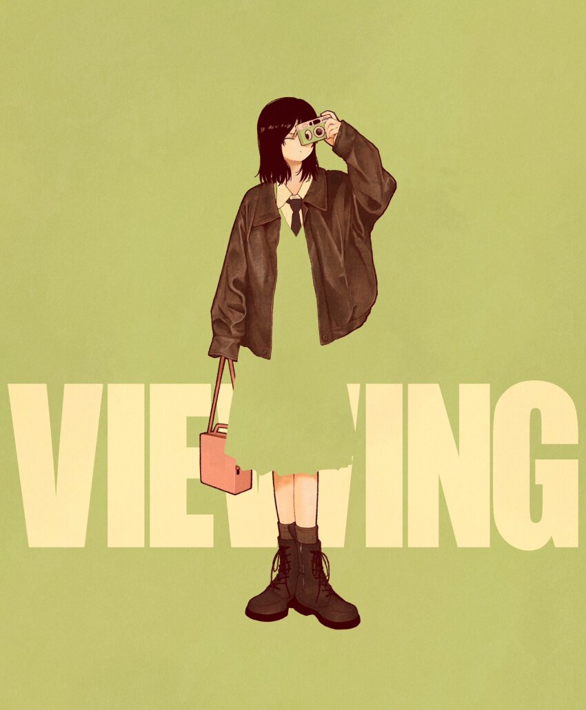 1girl bag black_hair black_necktie blending boots brown_boots brown_jacket brown_socks camera collared_shirt dress english_text green_background green_dress highres holding holding_bag holding_camera jacket medium_hair necktie original pink_bag shirt socks solo standing syooooyoooo white_shirt wide_shot