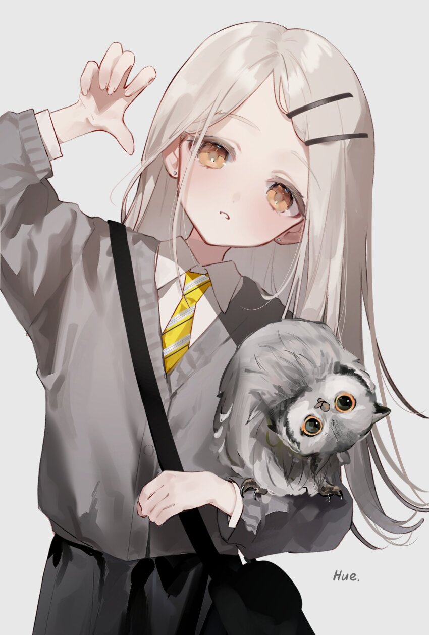 1girl animal_on_arm artist_name bird bird_on_arm blush cardigan claw_pose colored_eyelashes diagonal-striped_clothes diagonal-striped_necktie earrings fingernails flipped_hair gakuen_idolmaster gradient_hair grey_cardigan grey_hair head_tilt highres hue_0813 idolmaster jewelry long_hair looking_at_viewer multicolored_hair necktie orange_eyes owl shinosawa_hiro shirt simple_background solo striped_clothes stud_earrings very_long_hair white_background white_shirt yellow_necktie