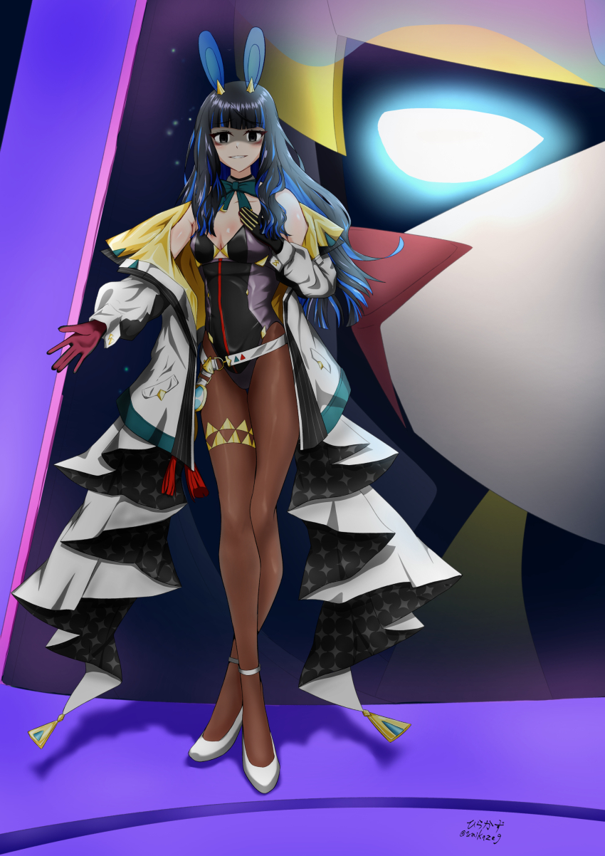 1girl absurdres black_hair black_leotard blue_hair brown_pantyhose colored_inner_hair eyeliner fate/grand_order fate_(series) glowing_pupils gold_jacket green_ribbon grey_eyes highleg highleg_leotard highres hirakazu9 jacket leotard looking_at_viewer makeup mecha multicolored_hair multicolored_jacket multicolored_leotard pantyhose playboy_bunny rabbit-shaped_pupils ribbon robot smile solo symbol-shaped_pupils tenochtitlan_(fate) tenochtitlan_(swimsuit_mooncancer)_(fate) tenochtitlan_(swimsuit_mooncancer)_(third_ascension)_(fate) two-sided_gloves two-tone_jacket yellow_jacket