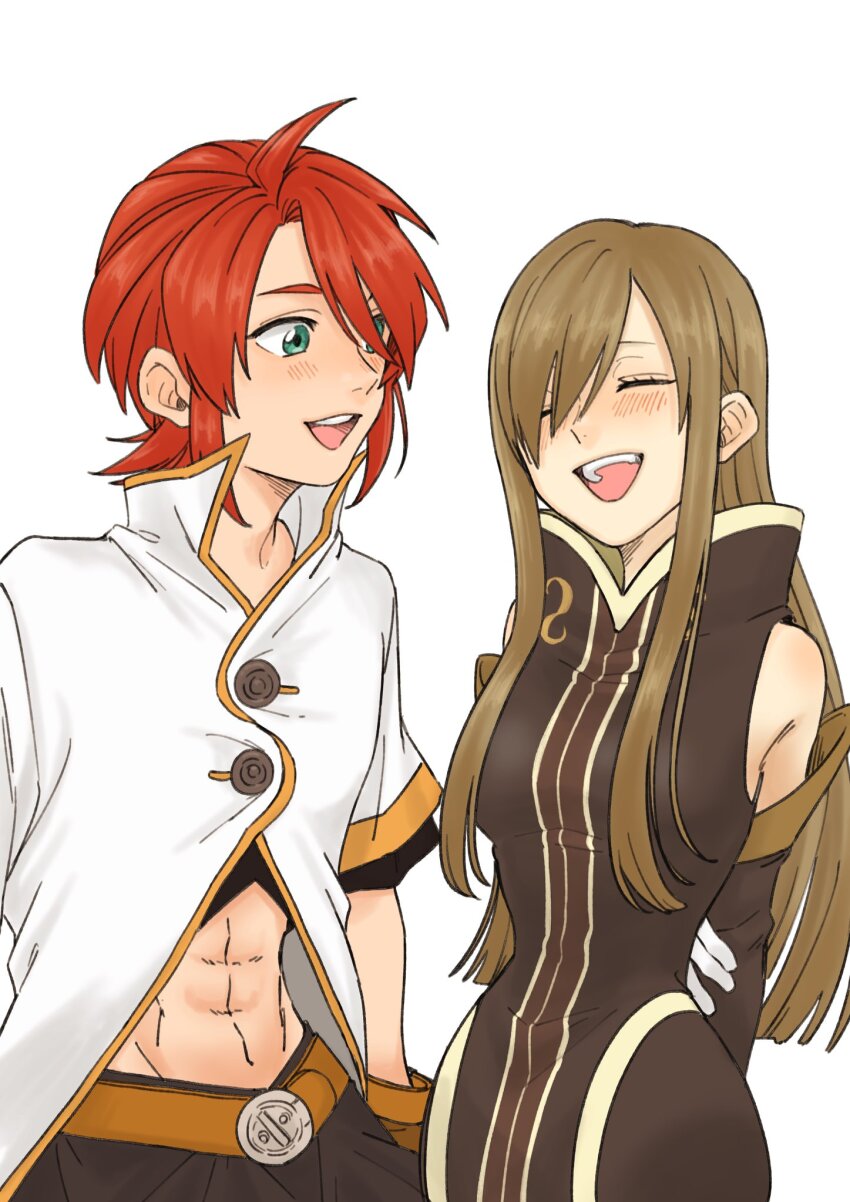 1boy 1girl abs arms_behind_back belt black_shirt blush breasts brown_dress brown_hair brown_sleeves buttons closed_eyes commentary_request cropped_shirt detached_sleeves dress facing_another gloves green_eyes hair_over_one_eye hand_on_own_arm happy high_collar highres jacket large_breasts long_hair looking_at_another luke_fon_fabre midriff open_mouth p_teirin red_hair shirt short_hair short_sleeves sidelocks sleeveless sleeveless_dress smile straight_hair tales_of_(series) tales_of_the_abyss tear_grants teeth upper_body upper_teeth_only white_background white_gloves white_jacket