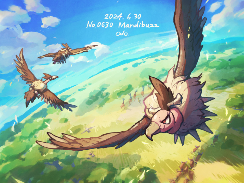 animal_focus bird character_name closed_mouth cloud commentary_request dated day farigiraf flying gen_1_pokemon gen_2_pokemon gen_5_pokemon girafarig highres mandibuzz nintendo no_humans odo_7ta outdoors pokemon pokemon_(creature) signature sky tauros vullaby