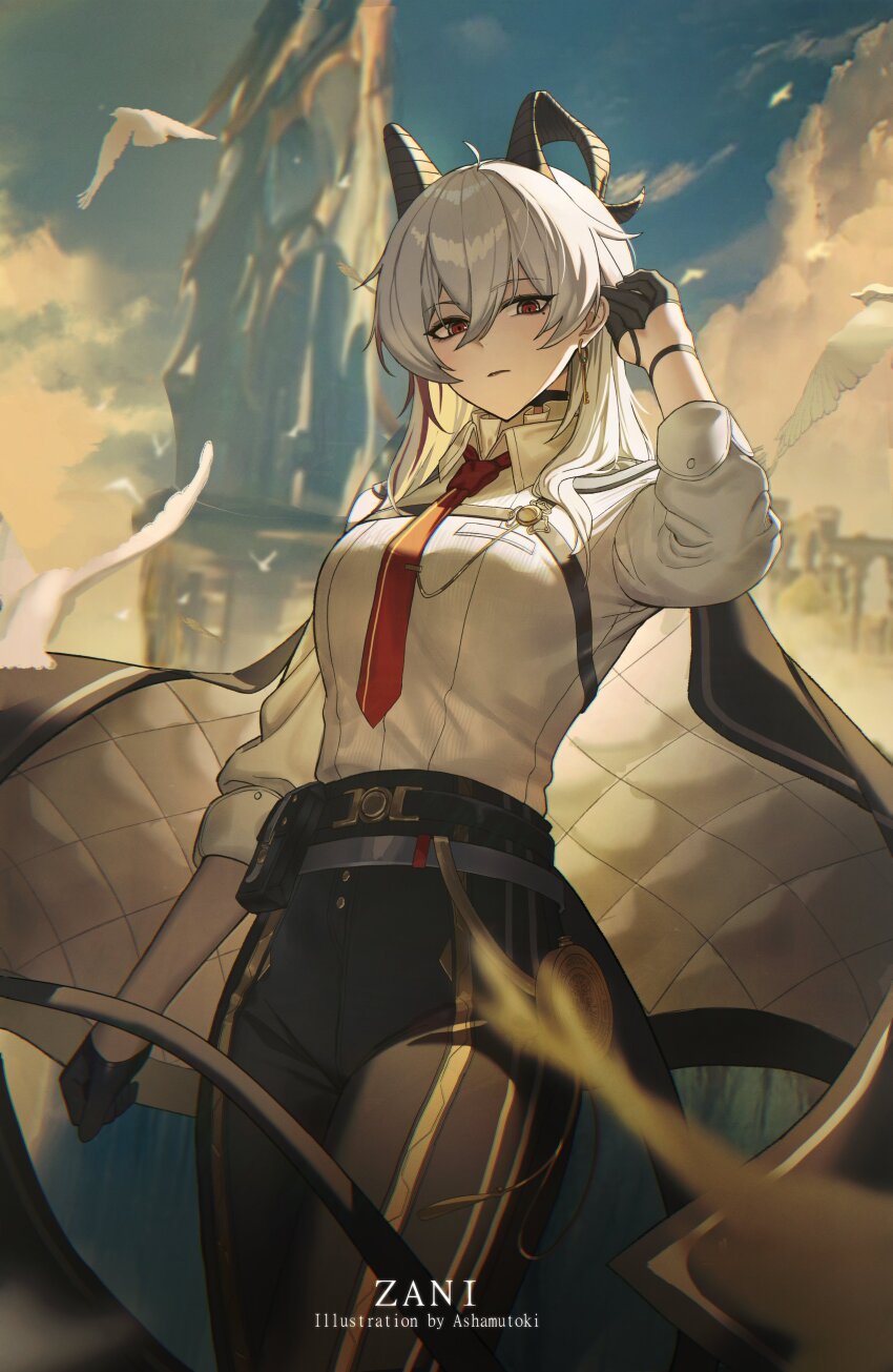 1girl absurdres artist_name ashamutoki bird black_choker black_gloves black_horns black_jacket black_pants black_tail breasts character_name chest_harness choker closed_mouth collared_shirt commentary cowboy_shot curled_horns earrings gloves grey_hair hair_between_eyes hand_up harness high-waist_pants highres horns jacket jacket_on_shoulders jewelry key_earrings long_hair looking_at_viewer medium_breasts mole mole_under_eye multicolored_hair necktie outdoors pants red_eyes red_necktie shirt shirt_tucked_in solo streaked_hair tight_clothes tight_pants white_bird white_shirt wuthering_waves zani_(wuthering_waves)