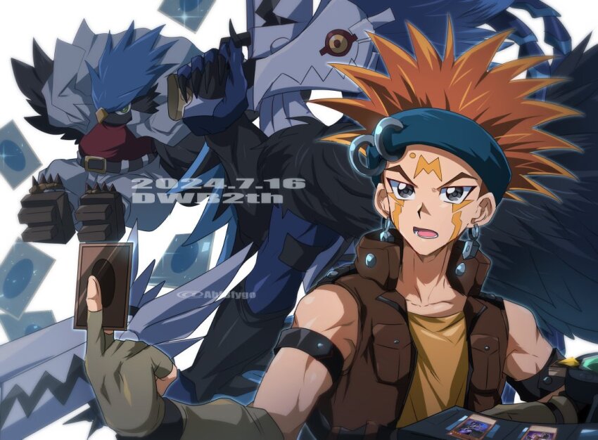 3boys abfbfygo black_feathers blackwing_sudri_the_phantom_glimmer blackwing_vata_the_emblem_of_wandering brown_hair brown_vest card collarbone crow_hogan dated deck_of_cards duel_disk earrings facial_mark feathers grey_eyes gun holding holding_card holding_gun holding_weapon jewelry male_focus multiple_boys shirt trading_card twitter_username upper_body vest weapon yellow_shirt yu-gi-oh! yu-gi-oh!_5d&#039;s