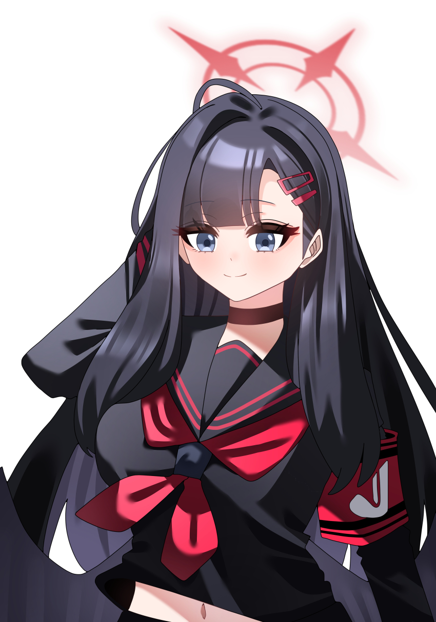 1girl absurdres ahoge arm_behind_head arm_up armband black_choker black_hair black_shirt blue_archive blue_eyes choker closed_mouth commentary ekf_voddl hair_ornament hairpin halo highres ichika_(blue_archive) long_hair looking_at_viewer low_wings red_armband red_halo shirt smile solo symbol-only_commentary very_long_hair wings