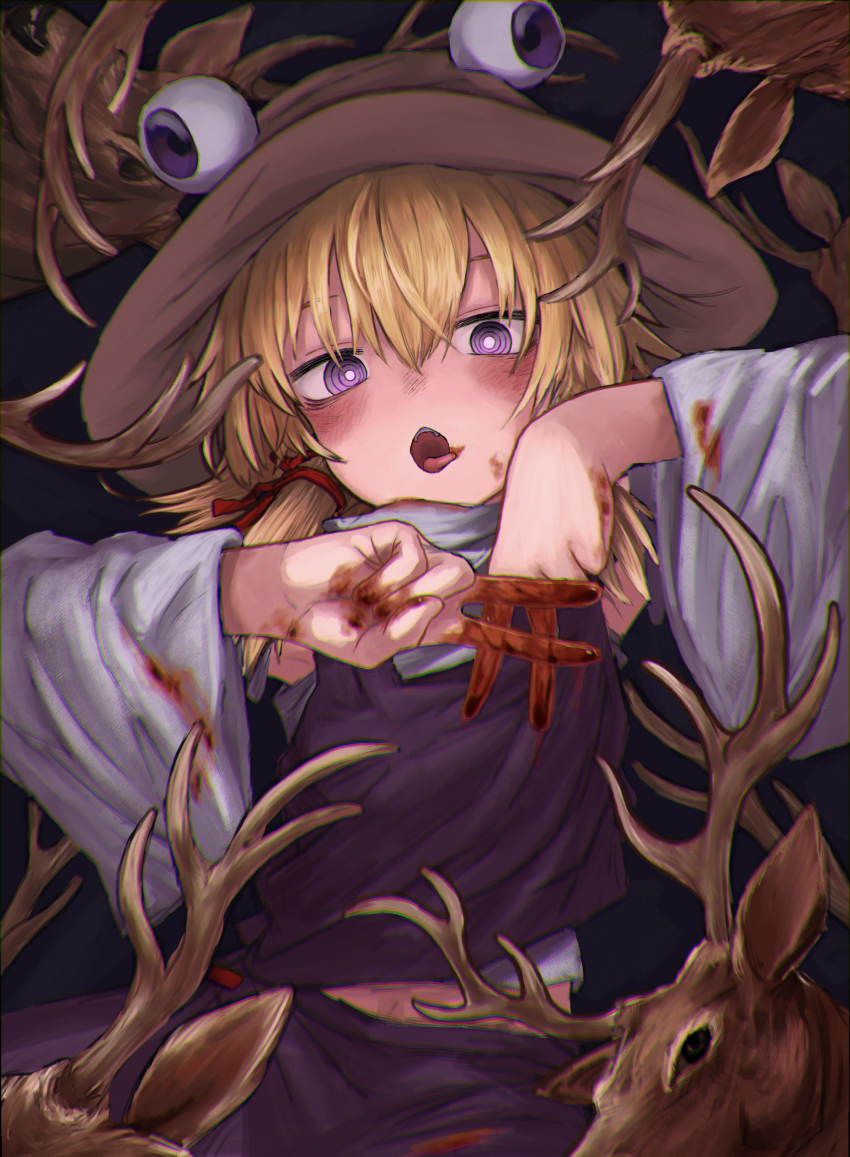 1girl absurdres animal blonde_hair blood blood_on_clothes blood_on_face blood_on_hands brown_hat deer hair_between_eyes hair_ribbon hat highres long_hair long_sleeves moriya_suwako neritch open_mouth purple_eyes purple_skirt purple_vest red_ribbon ribbon ringed_eyes shirt skirt solo tongue tongue_out touhou tress_ribbon upper_body vest white_shirt wide_sleeves