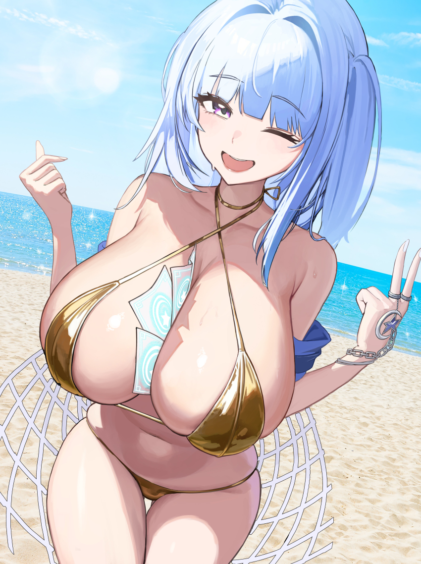 1girl absurdres alternate_costume arcana_(nikke) bare_shoulders beach between_breasts bikini blue_hair blue_sky breasts bubble card card_between_breasts cleavage commentary criss-cross_halter finger_heart gluteal_fold goddess_of_victory:_nikke gold_bikini halterneck highres huge_breasts jewelry long_hair looking_to_the_side nail_polish navel object_on_breast ocean one_eye_closed one_side_up open_mouth outdoors paper puka_(oni) purple_eyes ring shawl skindentation sky smile solo stomach string_bikini swimsuit thigh_gap thighs v wet white_hair