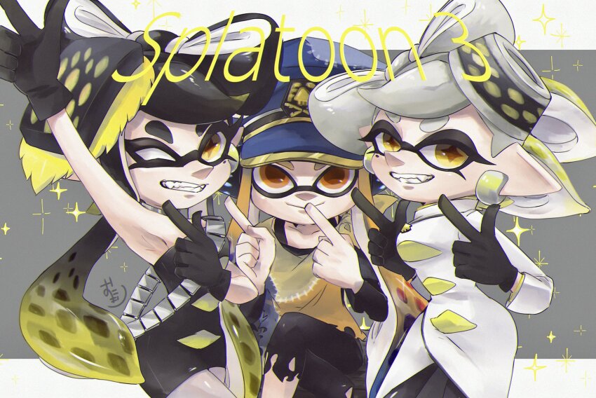 3girls agent_3_(splatoon) arm_up artist_name bandolier belt black_dress black_gloves black_hair black_pants blonde_hair blue_hat newsboy_cap callie_(alterna)_(splatoon) callie_(splatoon) cape captain_3_(splatoon) coat commentary cousins crossed_legs dress earrings fang food food_on_head gloves gradient_hair grey_hair grey_pantyhose grin hat headgear highres index_finger_raised inkling jewelry long_hair long_sleeves marie_(alterna)_(splatoon) marie_(splatoon) medium_hair mole mole_under_eye multicolored_hair multiple_girls nintendo object_on_head okome_2g2g one_eye_closed orange_eyes orange_hair pants pantyhose pointy_ears shirt short_dress side-by-side signature sitting smile sparkle splatoon_(series) splatoon_3 squidbeak_splatoon standing star-shaped_pupils star_(symbol) strapless strapless_dress sushi swept_bangs symbol-shaped_pupils tentacle_hair torn_cape torn_clothes torn_pants torn_shirt very_long_hair white_coat yellow_eyes