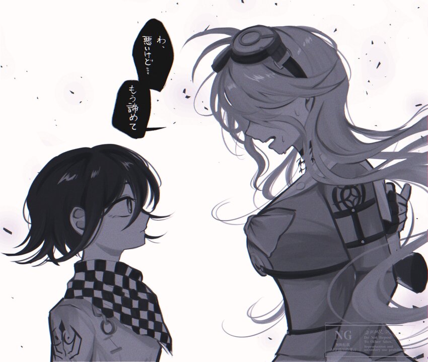 1boy 1girl bow bowtie checkered_neckerchief danganronpa_(series) danganronpa_v3:_killing_harmony fingerless_gloves flipped_hair from_side gloves goggles goggles_on_head highres holding holding_weapon iruma_miu jacket long_hair long_sleeves mmr_0x neckerchief oma_kokichi sailor_collar shirt short_hair simple_background speech_bubble sweat translation_request watermark weapon white_background