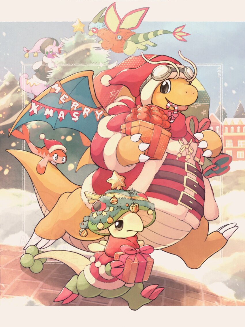 breloom candy candy_cane check_commentary christmas christmas_tree claws commentary_request dragonite flygon flying food gen_1_pokemon gen_3_pokemon gen_6_pokemon gift goggles goggles_on_head goodra hat highres holding house knhb_tail merry_christmas nintendo no_humans open_mouth pokemon pokemon_(creature) ribbon running santa_hat smile snow tail tatsugiri tatsugiri_(curly) tree wings