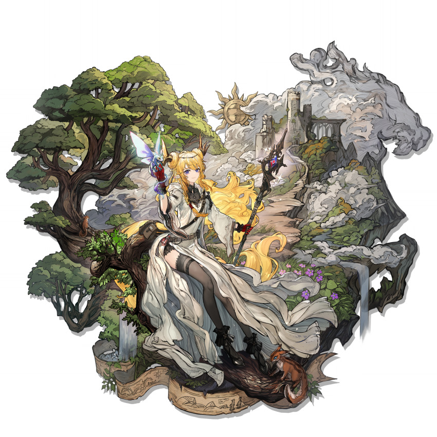 1girl arknights black_shirt black_shoes black_thighhighs blonde_hair dress gloves highres holding holding_staff horns leizi_(arknights) leizi_(the_archivist_and_her_pilgrimage)_(arknights) long_hair looking_at_viewer official_alternate_costume pointy_ears purple_eyes red_gloves ryuuzaki_ichi shirt shoes sitting smile solo staff thighhighs tree turtleneck turtleneck_shirt very_long_hair white_dress
