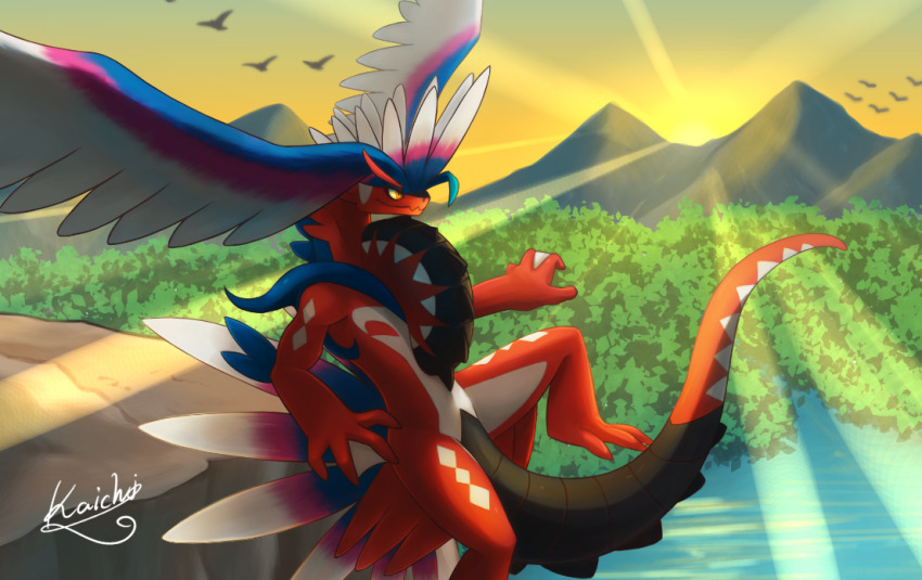 closed_mouth colored_sclera commentary_request kaichi_(tomiyu25) koraidon light_rays mountain nintendo no_humans orange_eyes outdoors pokemon pokemon_(creature) signature sky solo water yellow_sclera