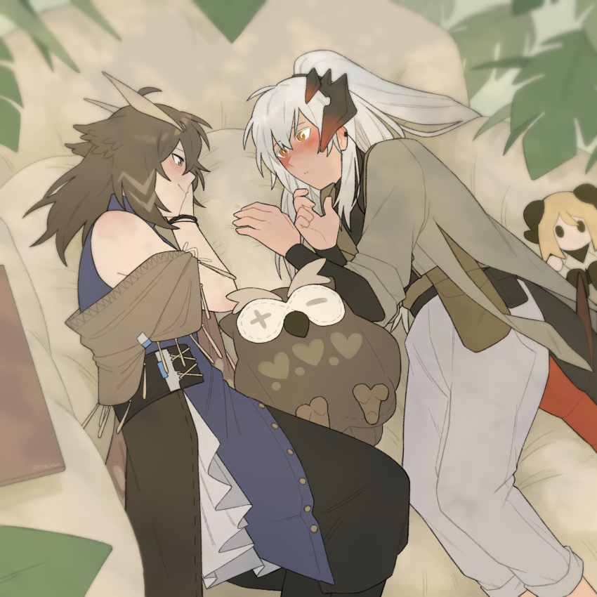 2girls absurdres arkiwi arknights black_pants blush brown_eyes brown_hair character_doll closed_mouth commentary doll dragon_girl dragon_horns dragon_tail earclip english_commentary feather_hair grey_jacket hair_over_one_eye highres horns ifrit_(arknights) jacket long_hair lying multiple_girls on_bed on_side orange_eyes pants ponytail saria_(arknights) silence_(arknights) smile stuffed_owl tail white_hair white_pants yuri