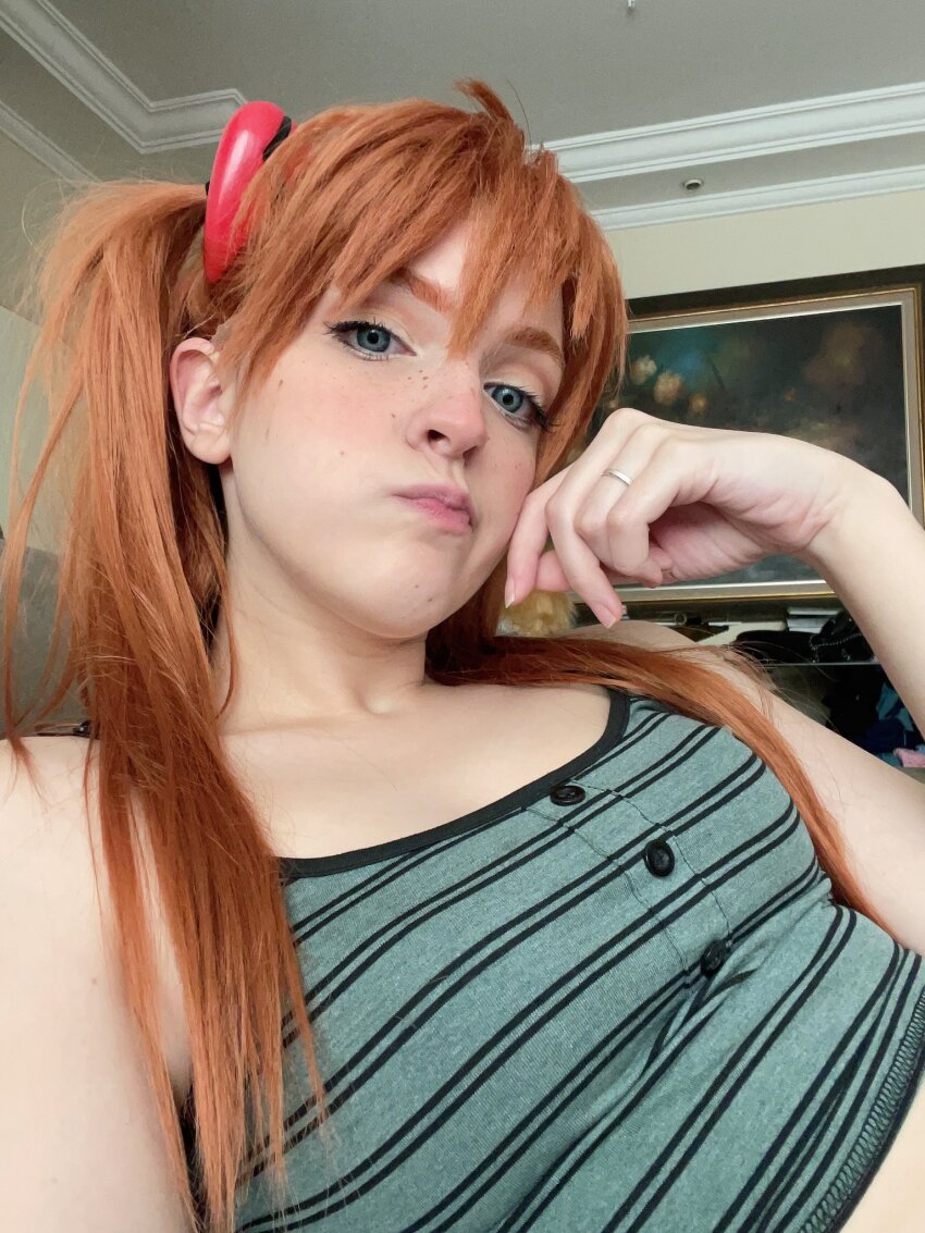 1girl :/ bare_arms blue_eyes brazilian_(nationality) breasts brown_hair casual cosplay hairpods highres interface_headset_(evangelion) lips looking_at_viewer memepantazis neon_genesis_evangelion photo_(medium) real_life selfie small_breasts solo souryuu_asuka_langley souryuu_asuka_langley_(cosplay) standing twintails two_side_up