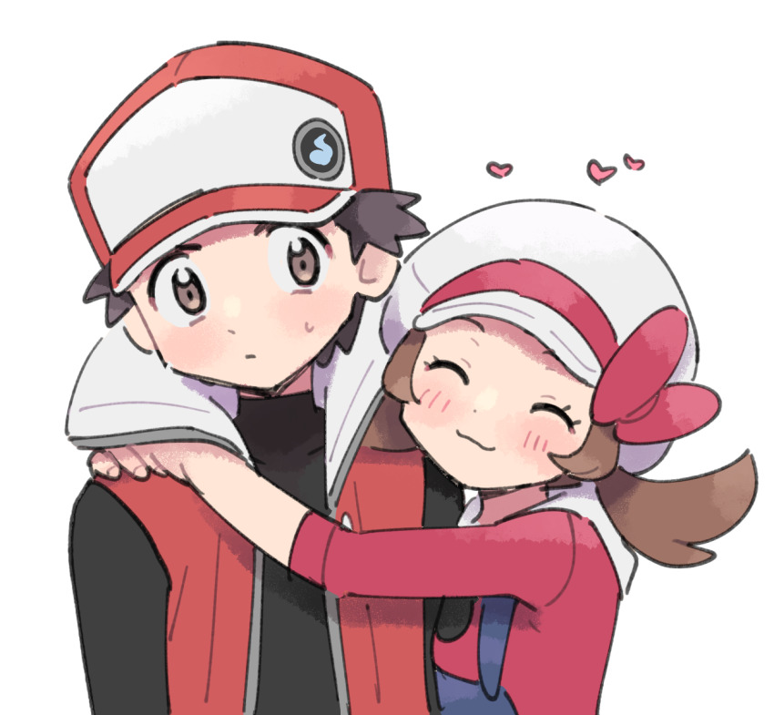 1boy 1girl blue_overalls bow brown_eyes brown_hair closed_eyes commentary_request game_freak hat hat_bow highres hug lyra_(pokemon) nintendo overalls pokemon pokemon_hgss pokemon_masters_ex pumpkinpan red_(pokemon) red_(sygna_suit)_(pokemon) red_hat red_shirt red_vest shirt smile twintails vest white_hat