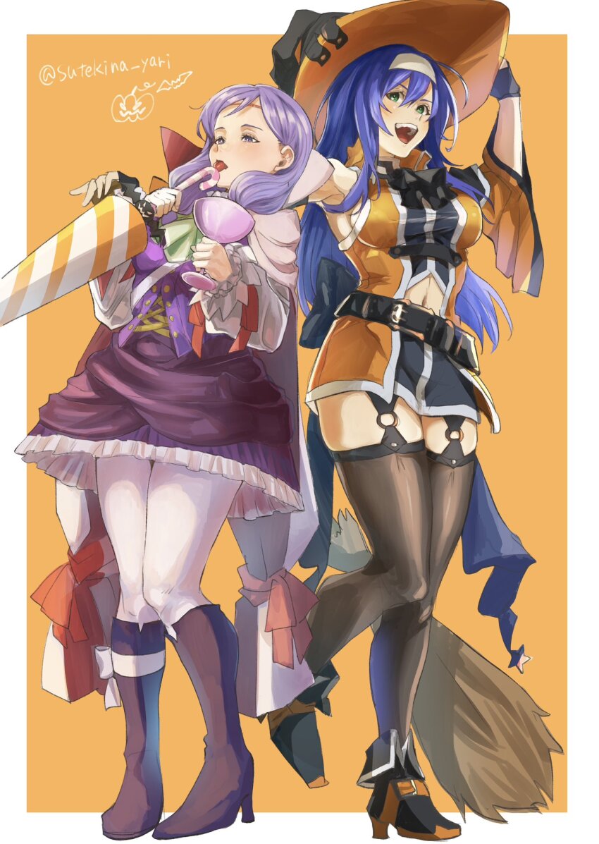 2girls bat_(animal) black_gloves boots breasts candy candy_cane detached_sleeves dress fingerless_gloves fire_emblem fire_emblem:_path_of_radiance fire_emblem:_radiant_dawn fire_emblem_heroes food gloves green_eyes hair_between_eyes hairband hat high_heel_boots high_heels highres ilyana_(fire_emblem) ilyana_(halloween)_(fire_emblem) jack-o&#039;-lantern long_hair long_sleeves medium_breasts mia_(fire_emblem) mia_(halloween)_(fire_emblem) multiple_girls navel nintendo official_alternate_costume open_mouth purple_dress purple_eyes purple_hair sideboob skindentation sutekina_yari teeth thighhighs tongue tongue_out twitter_username upper_teeth_only white_hairband witch_hat