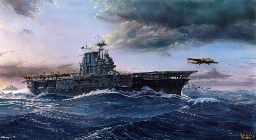 absurdres aircraft aircraft_carrier airplane american_flag b-25_mitchell bomber cruiser day destroyer doolittle_raid flag highres historical_event military_vehicle ocean original outdoors ship united_states_navy uss_hornet_(cv-8) uss_monssen_(dd-436) uss_nashville_(cl-43) vehicle_focus vortex_(xu_xuanwo) warship watercraft waves world_war_ii