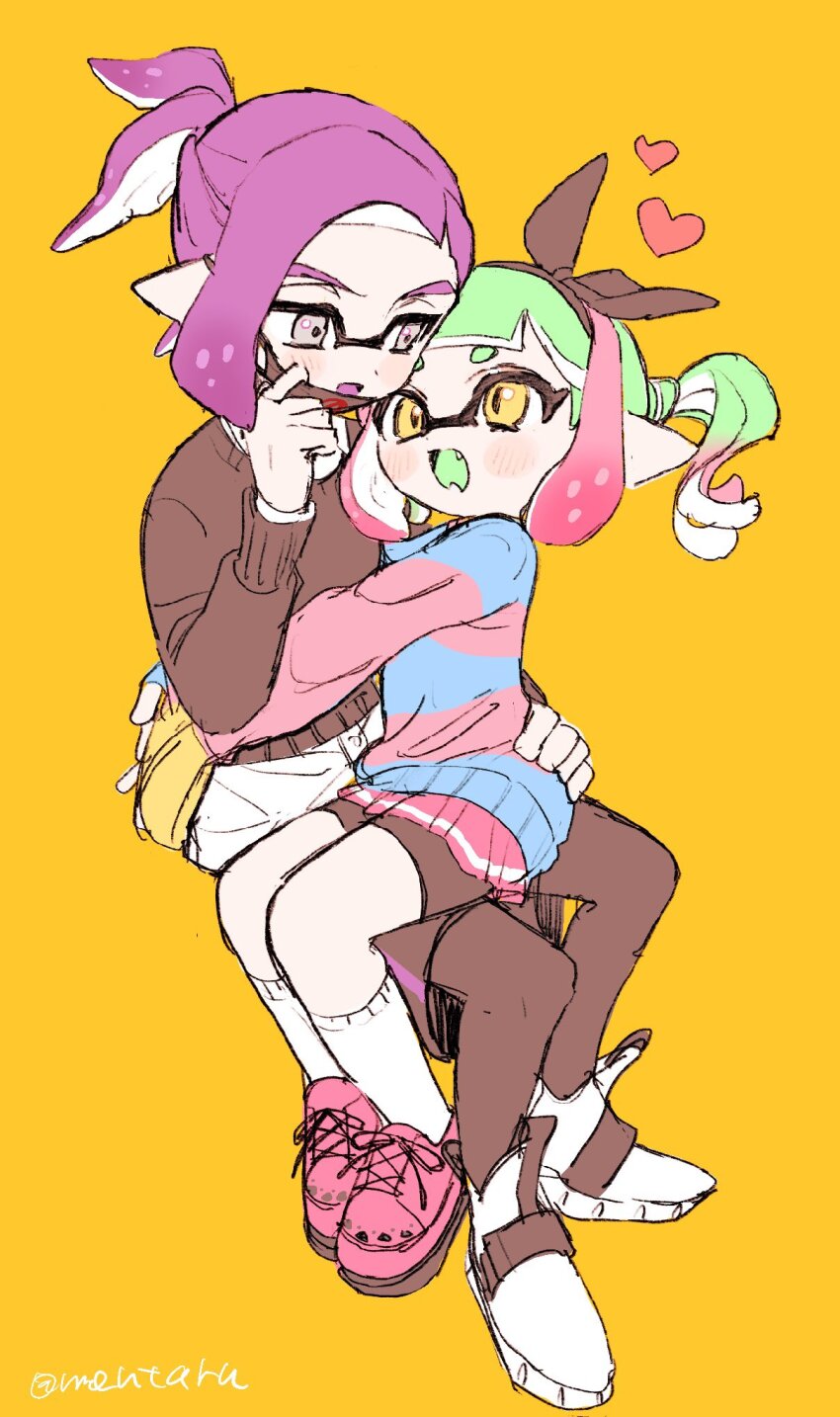 1boy 1girl adjusting_mask amezawa_koma asymmetrical_hair blue_sweater blunt_bangs blush brown_hairband brown_shorts brown_sweater collared_shirt colored_tongue commentary_request couple fangs full_body green_hair green_tongue grey_eyes hairband hand_up heart hetero highres hug inkling inkling_boy inkling_girl inkling_player_character long_sleeves looking_at_another mask mask_pull miniskirt mouth_mask multicolored_hair nintendo orange_background pants pink_hair pink_shoes pink_skirt pink_sweater pleated_skirt pointy_ears ponytail purple_hair purple_tongue shirt shoes short_hair short_twintails shorts shorts_under_skirt sidelocks simple_background sitting sitting_on_lap sitting_on_person skirt socks splatoon_(series) striped_clothes striped_sweater sweater thick_eyebrows twintails two-tone_hair two-tone_sweater waist_hug white_footwear white_pants white_shirt white_socks yellow_eyes